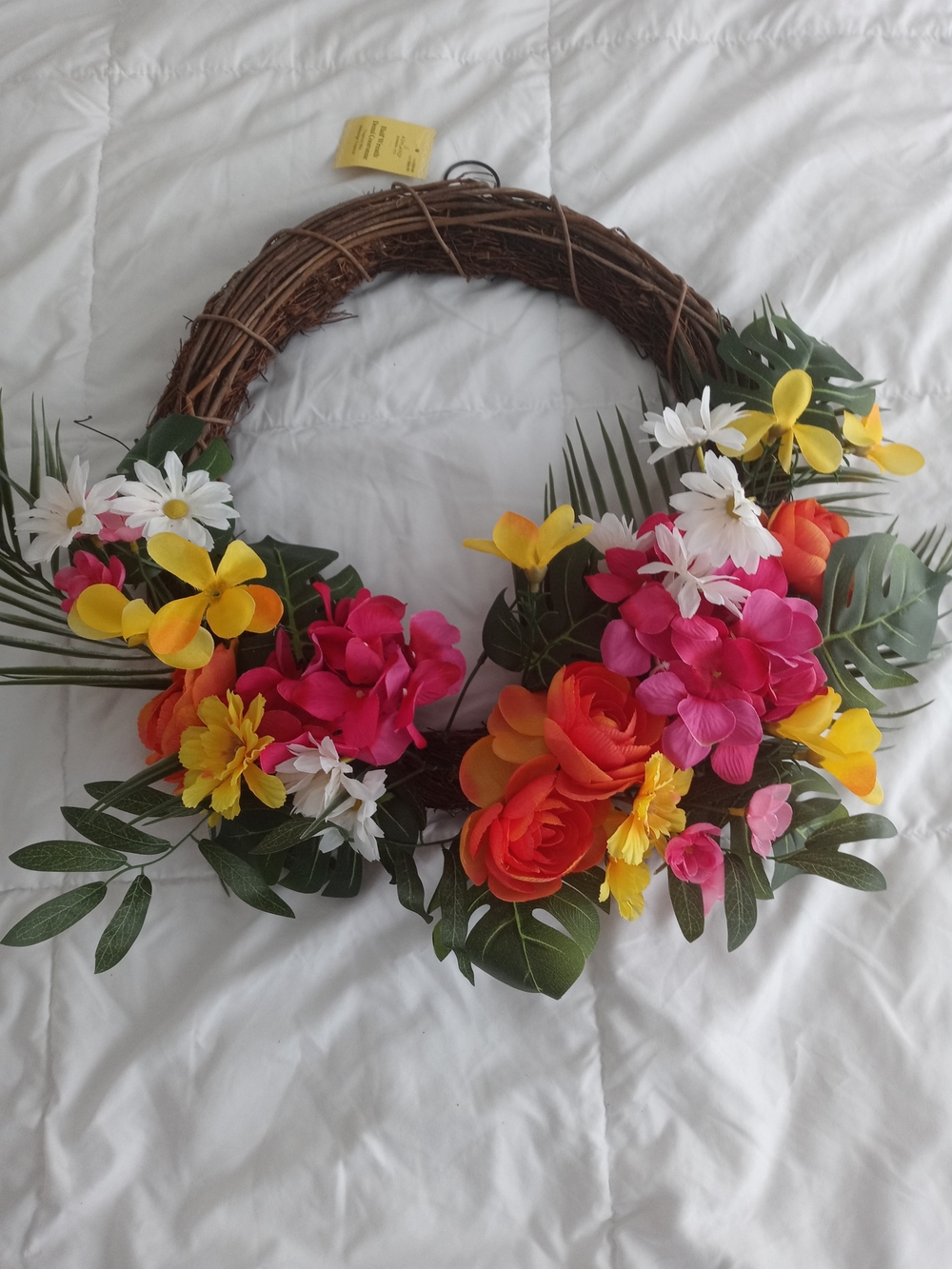 Bright Tropical Floral Grapevine Wreath - Pink, Yellow, Orange